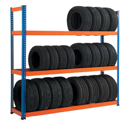 Tires stored in rows on a steel storage rack